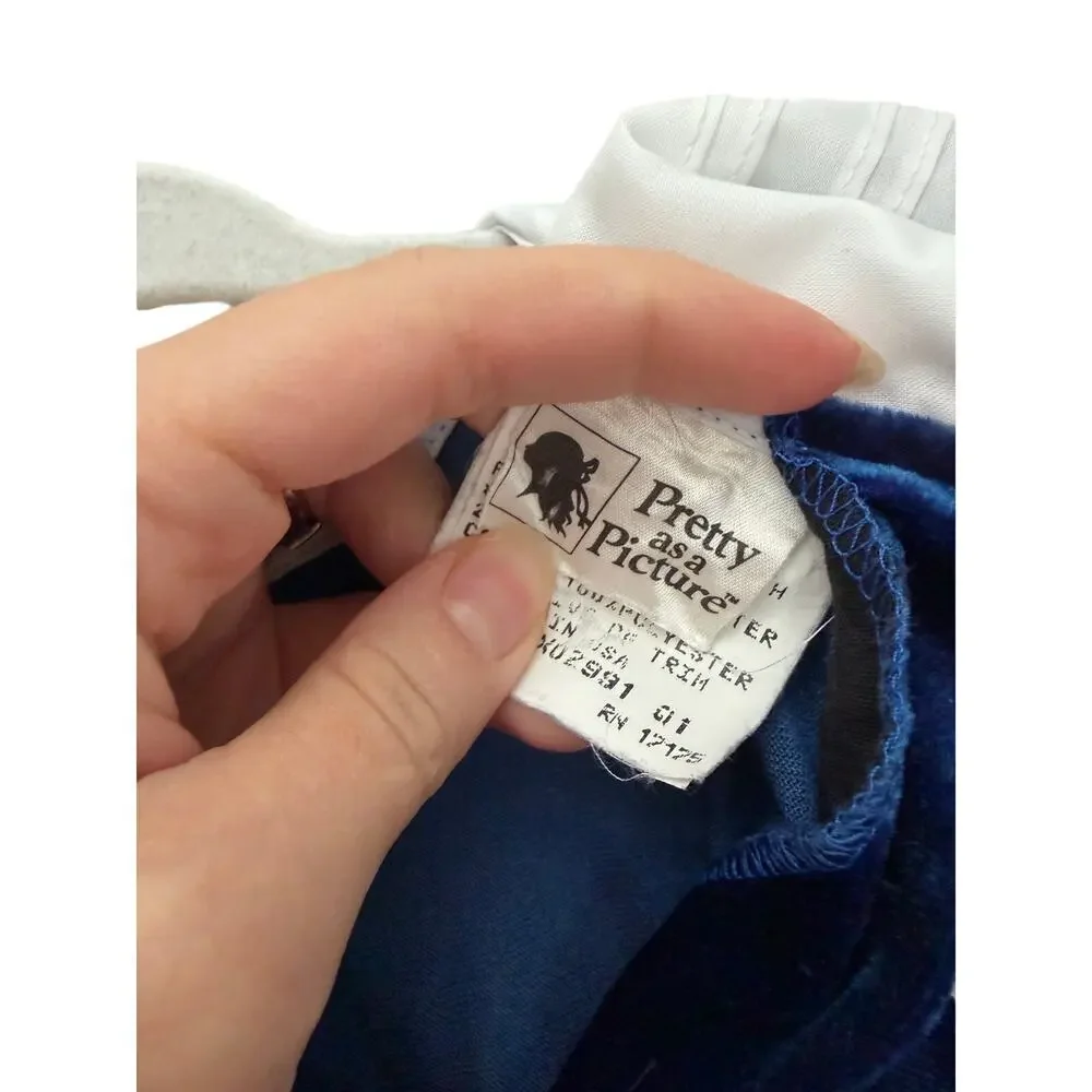 Vintage Pretty as a Picture Blue Panne Velvet Baby Dress Lace Collar 18M USA 90s